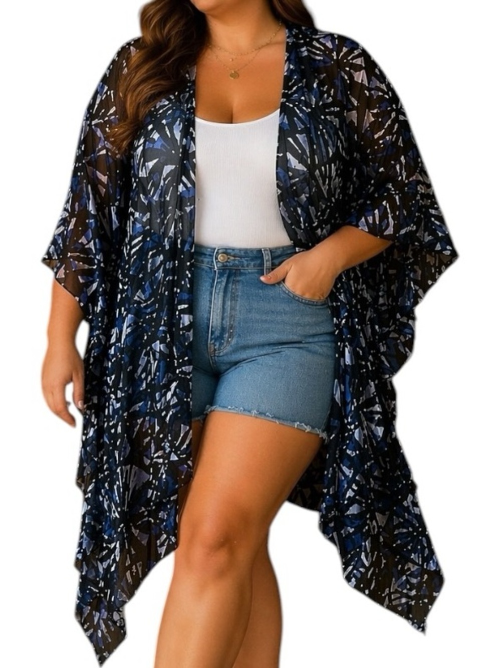Plus Size Semi Sheer Flowy Open Front Kimono Cardigan